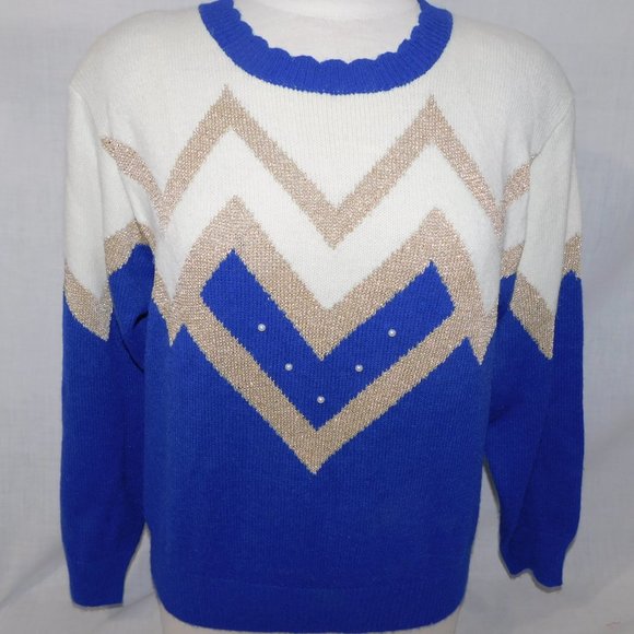 VTG 80s TanJay Womens M Blue White Gold Scalloped Neck Sweater Goldberg style - Picture 2 of 9